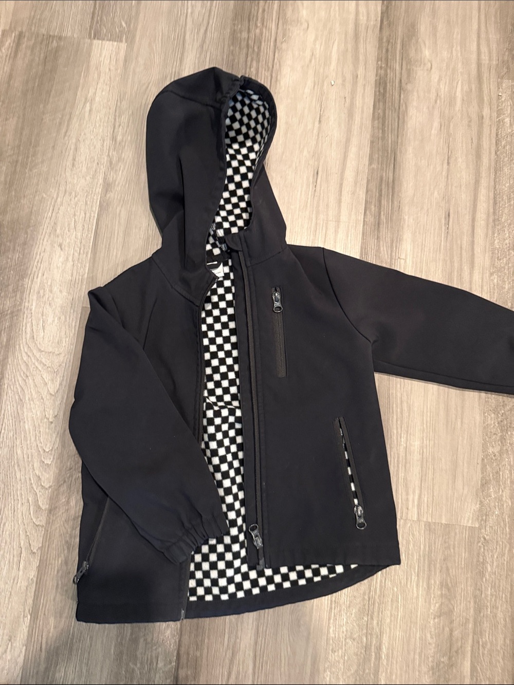 Kids Black Hooded Raincoat with Checkered Lining
